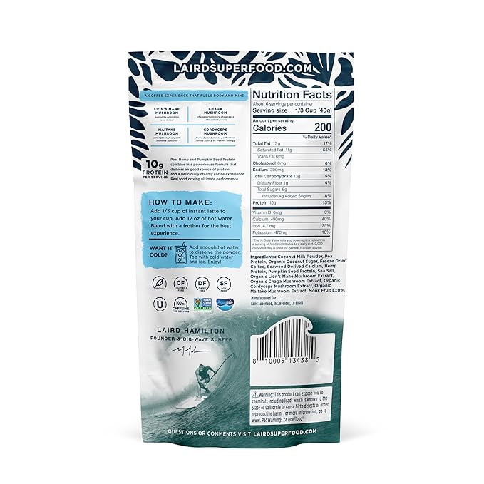 Laird Superfood Protein Instant Latte, Sweet & Creamy, Non-Dairy, Superfood Creamer and Coffee, Gluten Free, Non-GMO, Vegan, 8 oz. Bag, Pack of 1