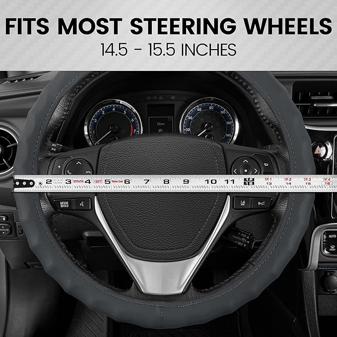 BDK SW-899-MG Genuine Leather Car Steering Wheel Cover 14.5-15 inch Medium/Gray, Easy Installation
