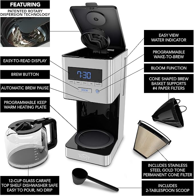 VINCI RDT Elite Spinning Sprayhead Coffee Maker | 12-Cup Programmable Coffee Brewer with Bloom Feature and Rotary Dispersion Technology | Black and Stainless Steel | Auto Shut-Off