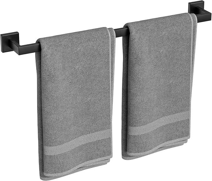 24 Inch Matte Black Towel Bar, Square Base Bathroom Towel Rack, Towel Holder Wall Mounted, Thicken SUS304 Stainless Steel Towel Rod Modern Home Decor (Total Length 26-Inch)