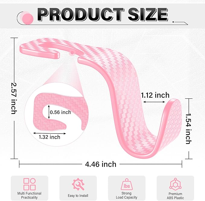 SINGARO Universal 2 Pack Car Seat Headrest Purse Hook, Carbon Fiber Back Seat Hook Storage Organizer Hanger for Purse Handbag Coat, Car Interior Accessories(Pink)