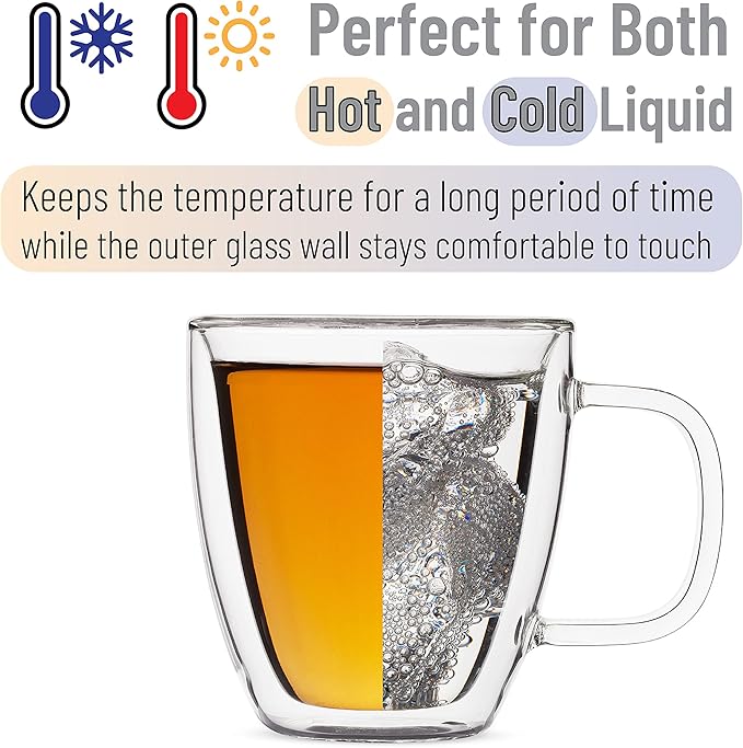 BTaT- Double Walled Glass Coffee Mugs, 16 oz, Set of 4, Glass Coffee Cups with Handle, Insulated Clear Coffee Mug for Hot and Cold Beverages, Cappuccino, Latte, Tea, Americano, Microwave Safe