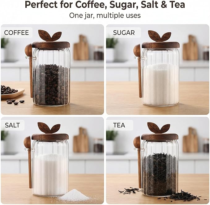 Glass Coffee Canister with Wooden Lid & Spoon, Airtight Food Storage Jar for Coffee, Sugar, Salt, Tea & Snacks (27floz)