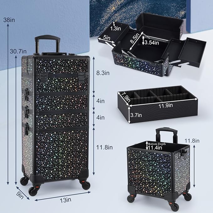 Stagiant Rolling Makeup Case Cosmetology Case on Wheels 4 in 1 Large Makeup Travel Case Nail Kits Organizer Train Case with Key Make Up Artist Salon Storage Traveling Cart Trunk Black Star