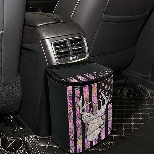 Pink Camo Deer Car Trash Can American Flag Automotive Garbage Can Vehicle Trash Bag with Adjustable Straps Auto Waster Container with Zip Camping Picnicing Hiking Bag