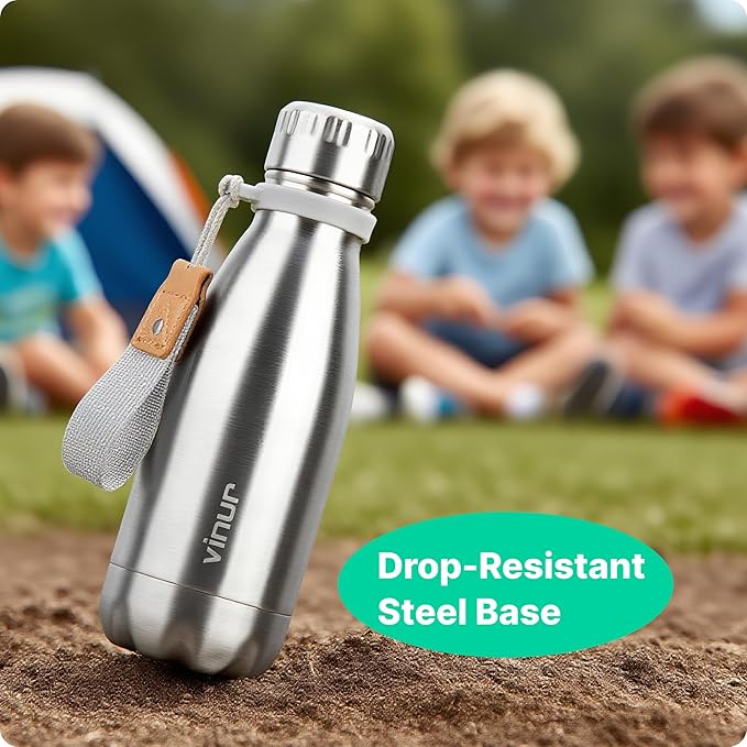 VINUR 9 oz Small Insulated Water Bottle for Kids Lunchbox -18/8 Stainless Steel Vacuum Leak-Proof Flask with Carry Rope for Sports Travel, Cola Shape, Silver