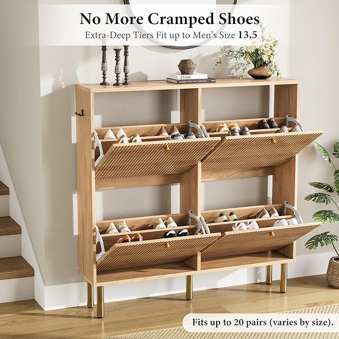 Nicetree Shoe Storage Cabinet for Entryway - 4 Flip Drawers Shoe Cabinet with Tiered Fluted Design - Slim Shoe Storage Rack with Gold Legs - Narrow Shoe Cabinet Hidden Shoe Organizer for Small Spaces