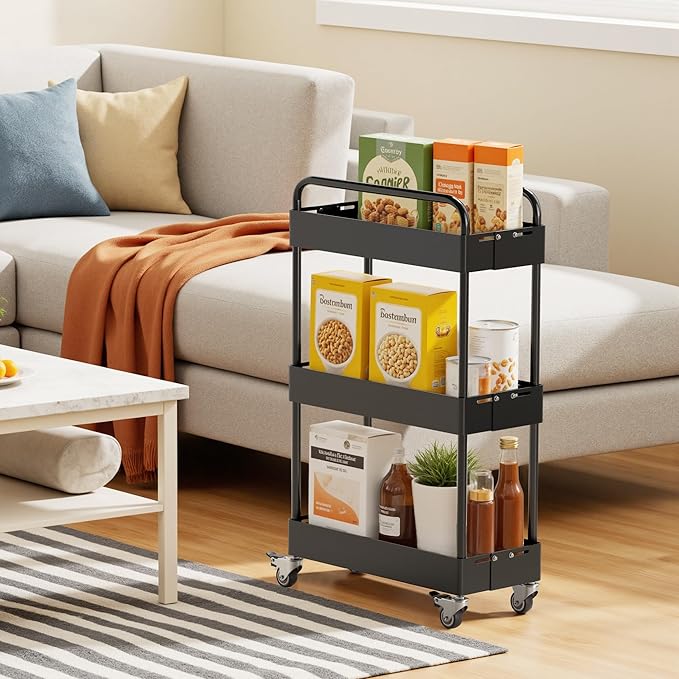 HOTEAGLE 3-Tier Rolling Cart Metal Expandable Utility Carts with Wheels, Ideal Storage Organizer for Livingroom, Bedroom, Kitchen and Bathroom, Black