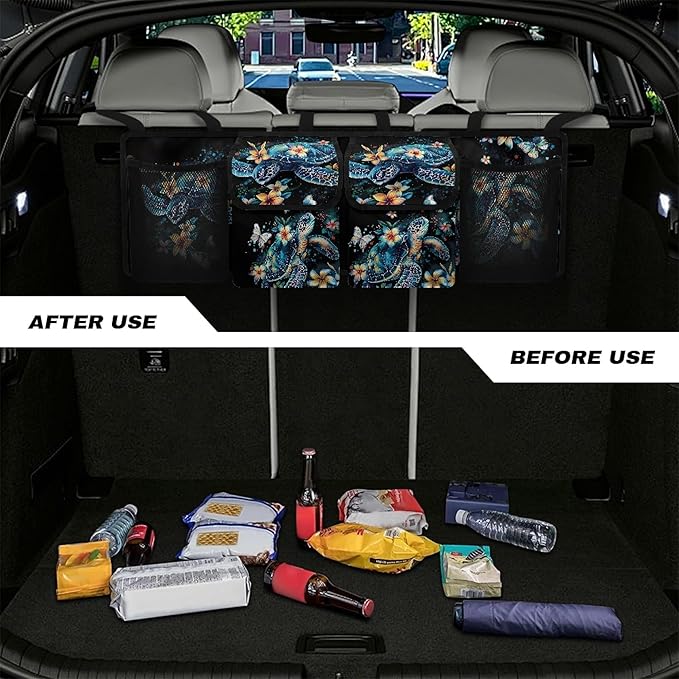 CLOHOMIN Blue Sea Turtle Trunk Organizer for SUV Sedan Auto Hibiscus Car Trunk Organizer Hanging Car Storage Bags Collapsible Cargo Bag with 4 Pockets Car Decor Accessories Gifts