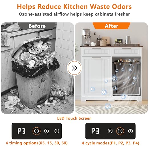 Double 10 Gallon Tilt Out Trash Can Cabinet with Deodorizing Function and Power Outlet, Wooden Hidden Garbage Can Holder with 2 Storage Drawers for Kitchen, Laundry Hamper Cabinet for Bathroom, White