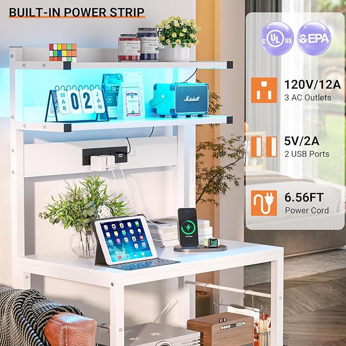 Aheaplus Bakers Rack with Power Outlet, Microwave Stand, 5 Tiers Coffee Bar Station with Led Lights, Kitchen Storage Shelf with 6 S-shaped Hooks, Kitchen Rack for Spices, Pots and Pans, White
