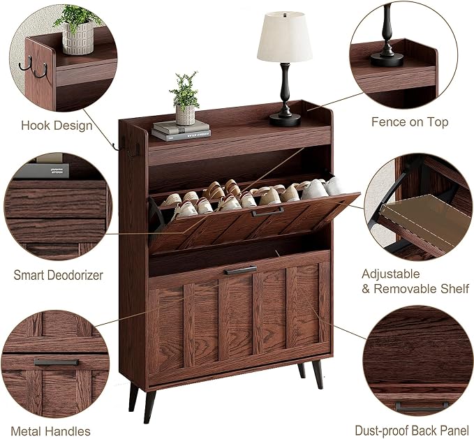 ChooChoo Shoe Storage Cabinet with 2 Flip Drawers, Farmhouse Shoe Organizer Storage for Entryway, Freestanding Hidden Slim Narrow Shoe Rack Cabinet, Walnut