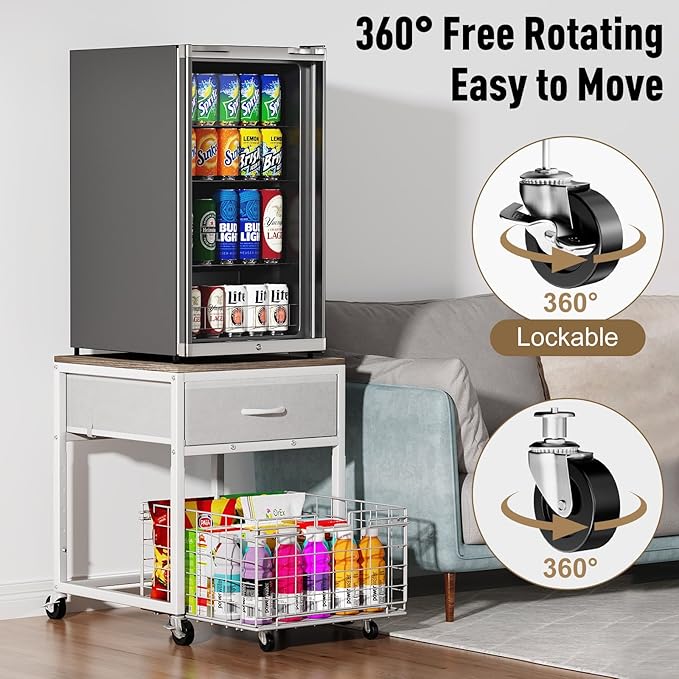 Housolution Mobile Mini Fridge Stand with Storage, Height-Adjustable Mini Beverage Fridge Table, Coffee Bar, 200 lbs Heavy-Duty Compact Refrigerator Shelf with Rolling Cabinet for Kitchen Home, White