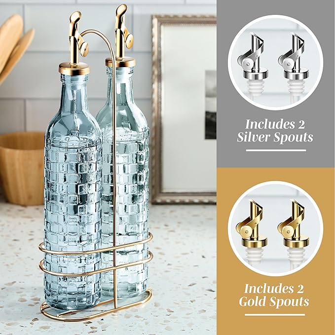 COOK WITH COLOR Glass Olive Oil Bottle Dispenser - 2 Pack- 17oz Oil and Vinegar Cruet - Olive Oil Carafe Decanter for Kitchen, Checkered, Blue