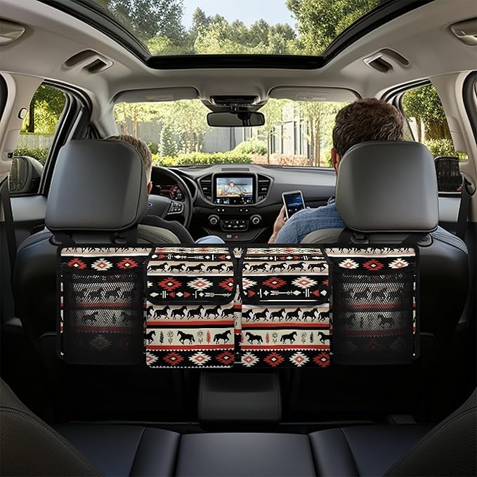 CLOHOMIN Aztec Western Horse Trunk Organizer for SUV Sedan Van Hanging Seat Back Storage Multi Car Backseat Trunk Organizer Collapsible Car Storage Bag with 4 Pockets