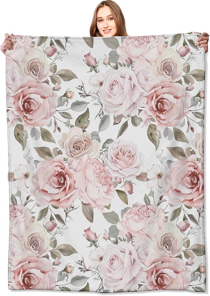 Floral Blanket,Vintage Pink Rose Throw Blankets,Birthday Gifts for Women & Flower Lovers,Lightweight Soft Fleece,for Picnic Sofa Couch Bed Room Travel,Modern Romantic Decor,60x80in