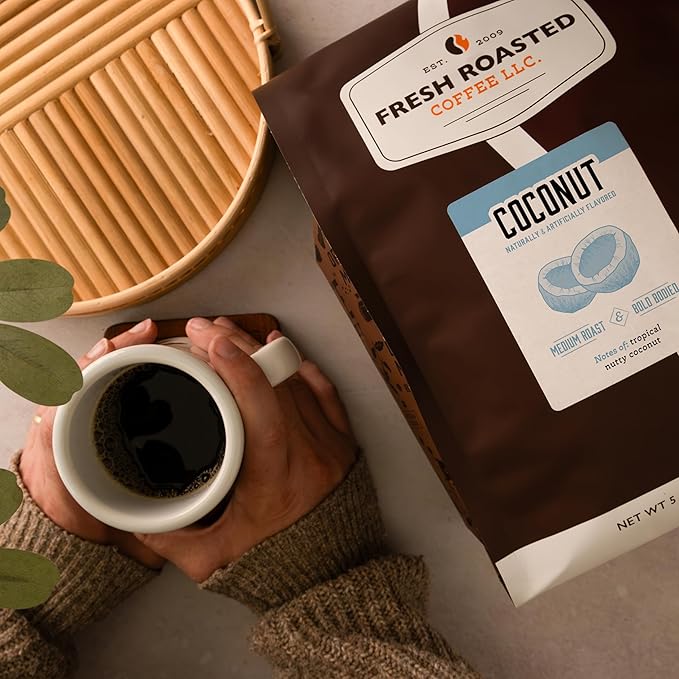 Fresh Roasted Coffee, Coconut Flavored Coffee, 5 lb (80 oz), Medium Roast, Kosher, Ground