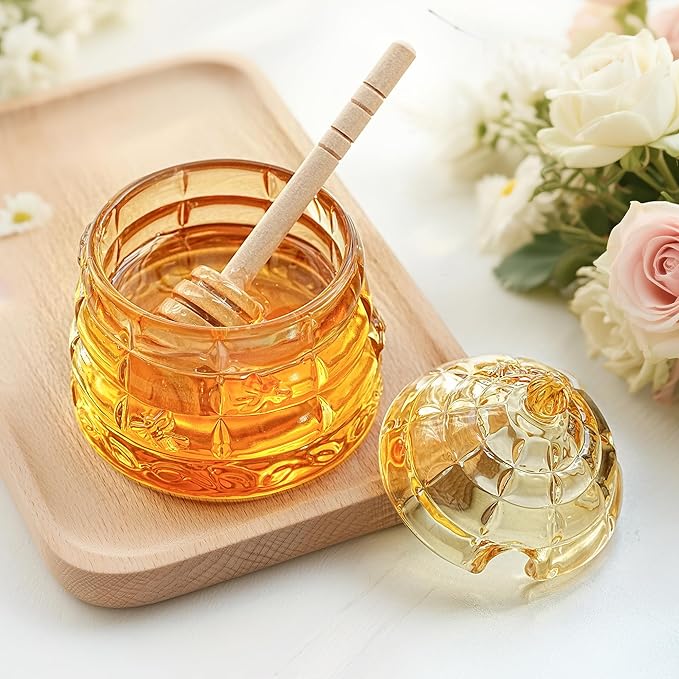 kanpura Honey Jar Pot Glass Holder Dispenser Set with Wooden Dipper Stick and Lid for Home Kitchen, Modern Syrup Glass Container for Storage Gift (Champagne,3.7 Oz)