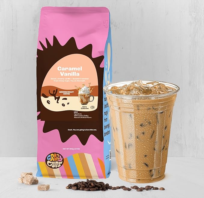 Crazy Cups Flavored Ground Coffee, Caramel Vanilla, in 10 oz Bags, For Brewing Flavored Hot or Iced Coffee, 3 Pack