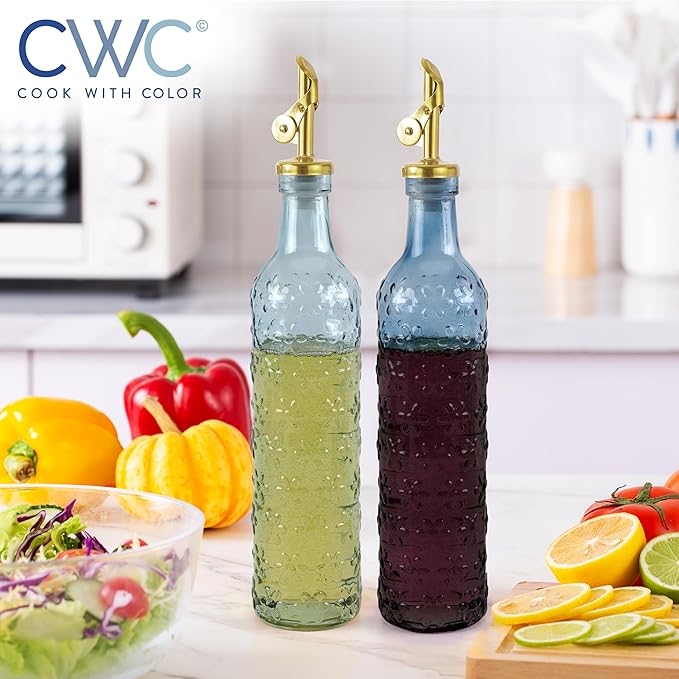 COOK WITH COLOR Glass Olive Oil Bottle Dispenser - 2 Pack- 17oz Oil and Vinegar Cruet - Olive Oil Carafe Decanter for Kitchen, Floral, Blue