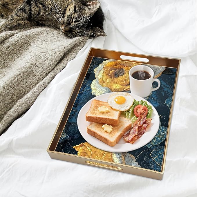 Serving Tray with Handles, 15.7 * 11.8 inches, Plastic Ottoman Tray with Exquisite Paintings, Trays for Coffee Table