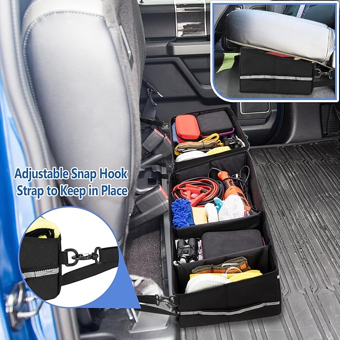 Trunk Under Seat Storage Fit for Super Crew, Tool Organizer Box Under Rear Seat for Three Seats with Removable Bottom Boards, Side Handles and Hook Snap Fix Straps, Black