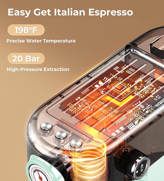 20 Bar Espresso Machine with Milk Frother, Compact Espresso Maker, Stainless Steel Coffee Machine with Precise Temp Control & 44oz Removable Water Tank for Latte, Cappuccino, Light Green