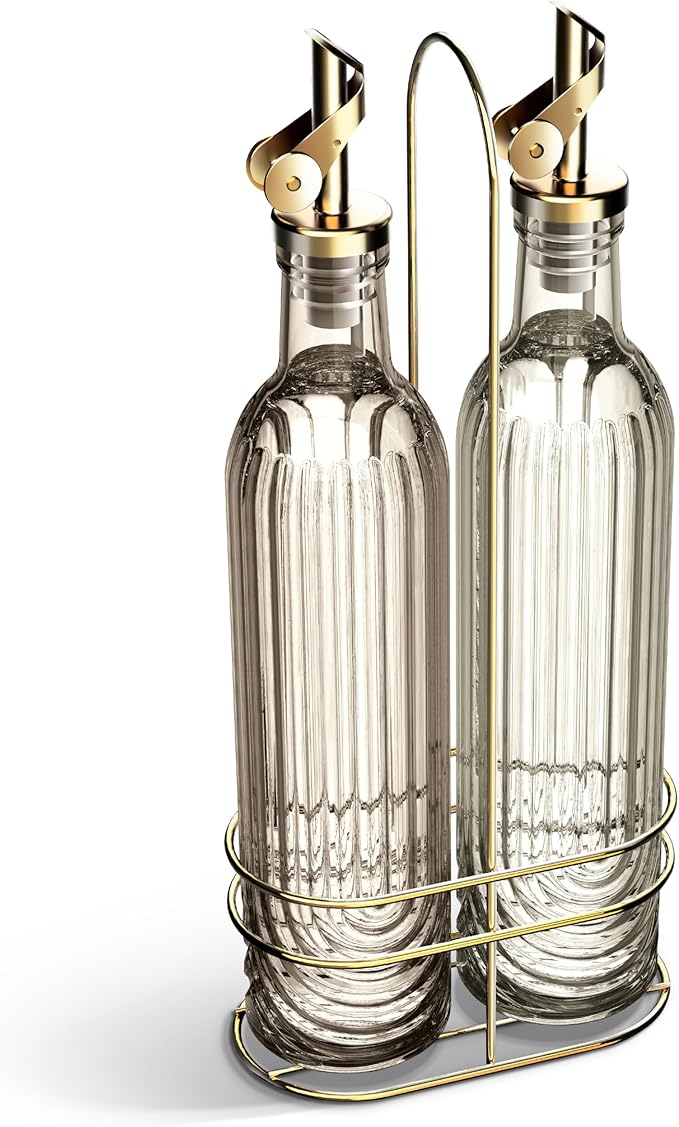 COOK WITH COLOR Glass Olive Oil Bottle Dispenser - 2 Pack- 17oz Oil and Vinegar Cruet - Olive Oil Carafe Decanter for Kitchen, Elegant Fluted, Brown
