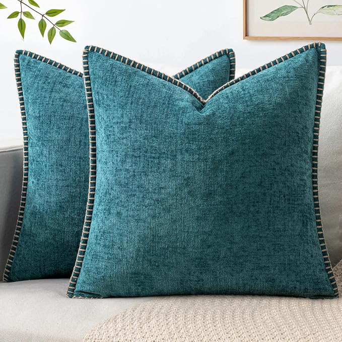 MIULEE Pack of 2 Couch Throw Pillow Covers 16x16 Inch Dark Teal Farmhouse Decorative Pillow Covers with Stitched Edge Soft Chenille Solid Dyed Pillow Covers for Sofa Bed Living Room