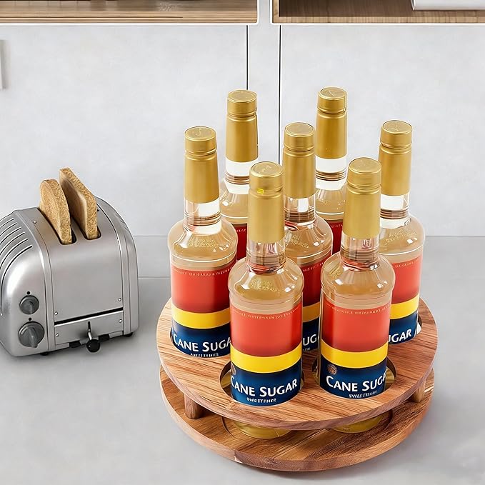 Acacia Wood Rotating Coffee Syrup Organizer, 7 Bottle Coffee Syrup Rack Organizer for Countertop, Turntable Bottle Holder for Coffee Bar Station