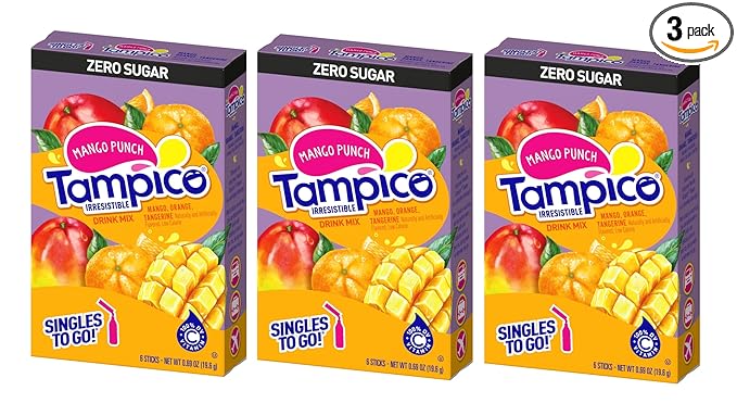 Tampico Singles To Go Drink Mix Packets, Mango Punch, 100% DV of Vitamin C per Serving, Low Calorie, Zero Sugar, Easy to Use, On-The-Go Water Enhancers, 18 Sticks, Pack of 3
