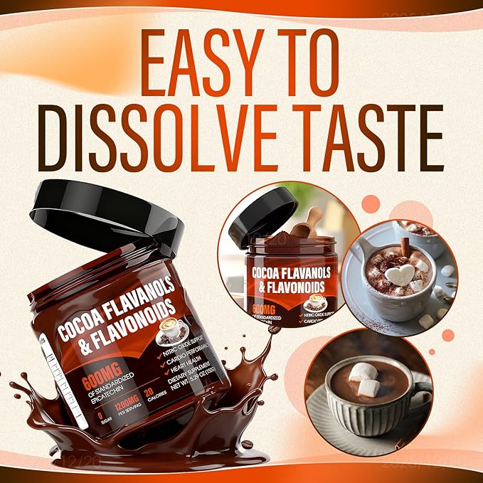 High Flavanol Cocoa Powder - 1200mg Cocoa Flavanols & Flavonoids Supplements, 600mg of Epicatechin for Heart Health, Nitric Oxide & Energy - 150g (1, Gram, 150)