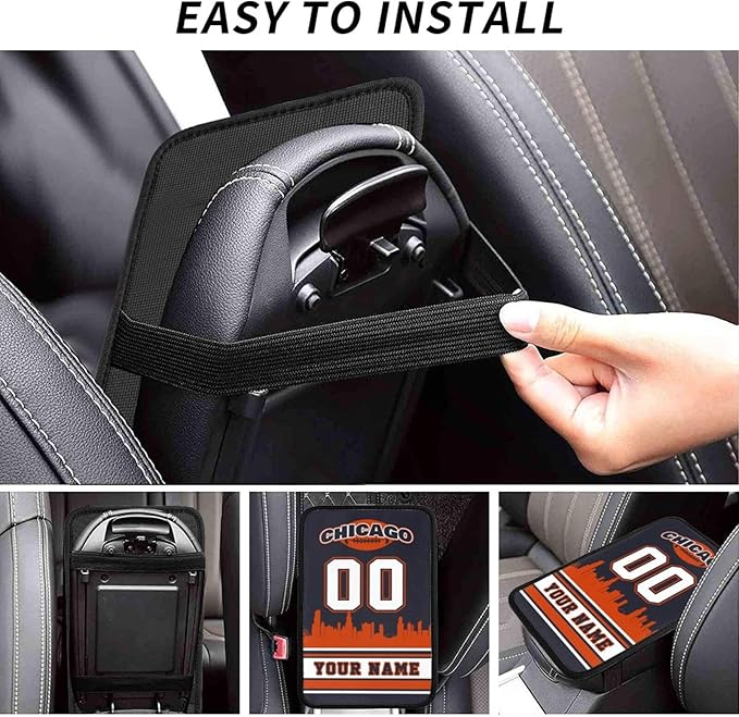 Custom Chicago Car Armrest Covers Personalized Football Style with Name Number Customized Auto Center Console Pad Car Handrail Box Cushion for Most Vehicle Decor Accessories, Fans Gift