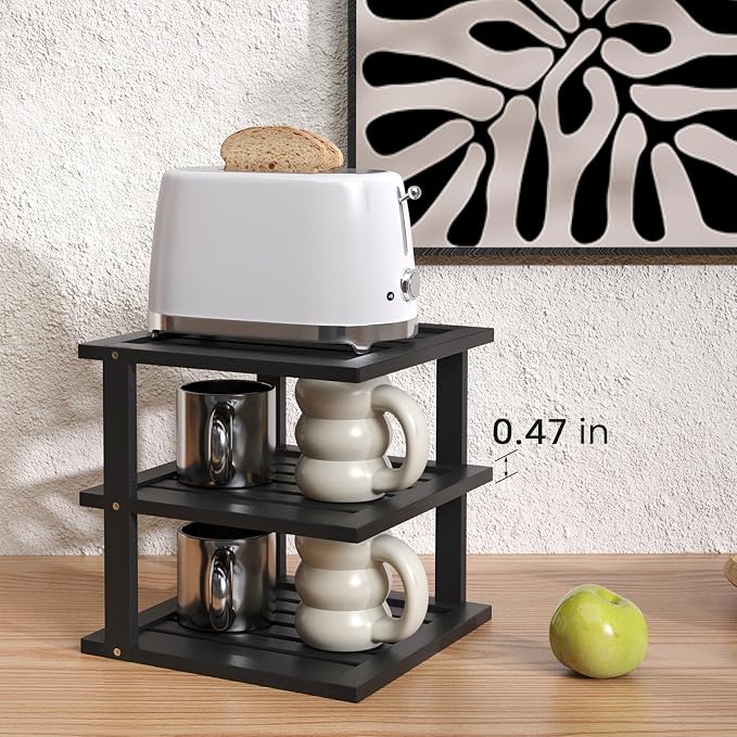 4 Pack Bamboo Corner Shelf,3 Tier Kitchen Cabinet Organizer for Plates and Dishes,Pantry Storage and Spice Rack（Black）