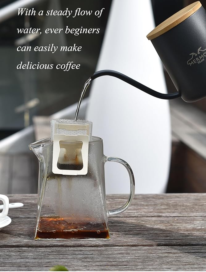 MERMOO YILAN Pour Over Coffee Kettle 12oz, Gooseneck, Wooden Lid, Precision Pouring,Single Serving, Sturdy Thicken 304 Stainless Steel, Dishwasher Safe, for Home, Camping, Travel, Office（black)