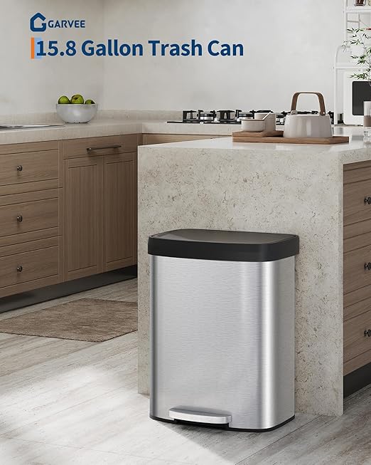 Garvee 16 gal / 60 L Stainless Steel Trash Can with Lid, Large Garbage Can for Kitchen, Rustproof Step-on Kitchen Metal Trash Bin with Liner Rim, Rear Handle, Soft Close Plastic Lid, Silver