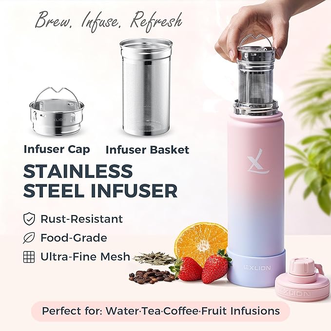 Lexlion Tea Infuser Water Bottle 22 Oz – Triple Wall Insulated Stainless Steel, Loose Leaf & Fruit Strainer, 3 Leakproof Lids, BPA-Free Silicone Sleeve, Reusable Thermal Mug