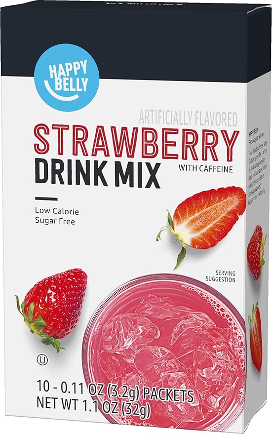 Amazon Brand - Happy Belly Drink Mix Singles, Strawberry with Caffeine, 1.1 Ounce, 120 Count (12 Packs of 10) (Previously Solimo)