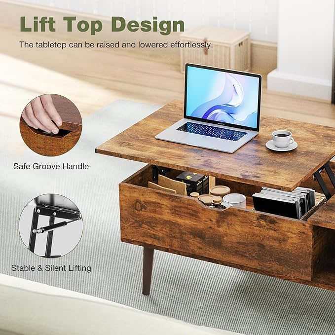 OLIXIS Wooden Coffee Table, Lift Top Coffee Table with Large Hidden Compartment and Ample Storage Shelf, Lift Tabletop Dining Table for Living Room, Home Small Space, Rustic