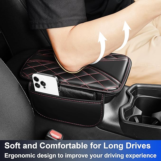 Car Center Console Cover Fit for Subaru Impreza Leather Car Armrest Cover Cushion with 2 Pockets(Black&Redline)
