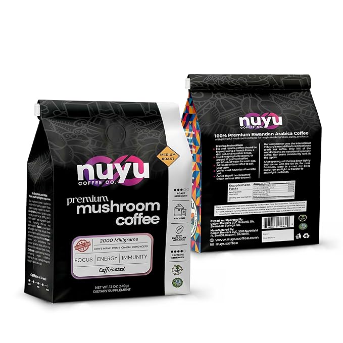 Nuyu Medium Roast Premium Mushroom Coffee, 12 oz, Specialty Ground 100% Arabica, 2000mg Functional Mushrooms, Lion's Mane, Reishi, Chaga, Cordyceps for Cognition, Energy and Wellness