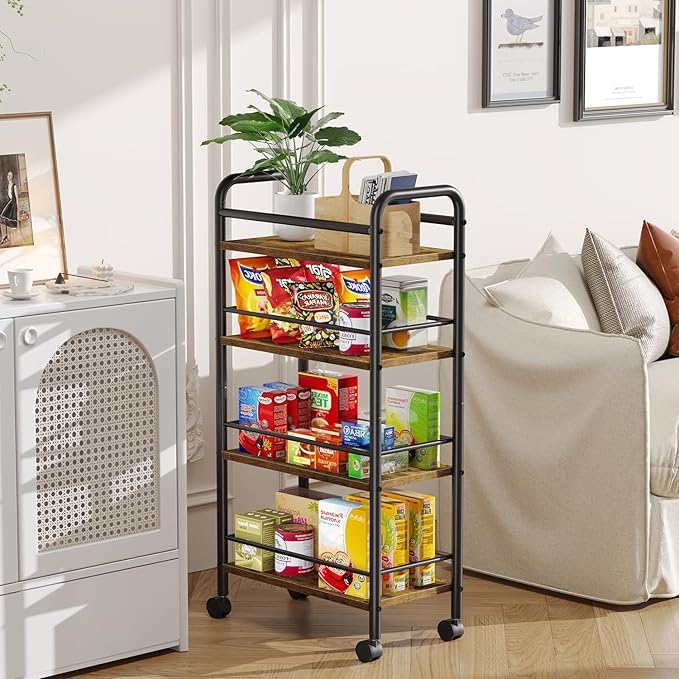 Slim Storage Cart, 4-Tier Small Rolling Cart with Wheels, 9.1" Deep, Narrow Bathroom Shelf Trolley for Kitchen, Bathroom, Laundry Room, Rustic Brown Large 4-Tier (9.1" W x 33.6" H)