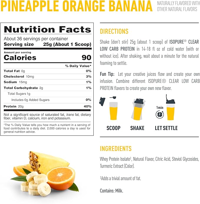 Isopure Clear Whey Isolate Protein Powder, Lactose Free, Gluten Free, Naturally Flavored, Pineapple Orange Banana, 20g Protein Per Serving, 1.9 Lb, 36 Servings (Packaging May Vary)