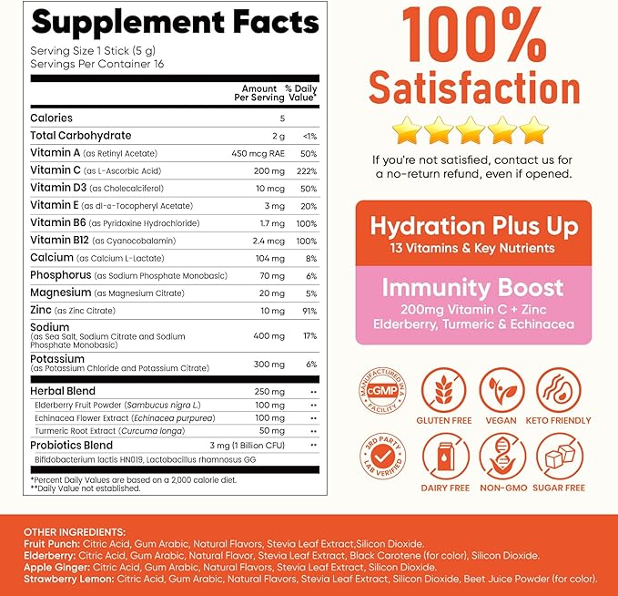 Venture Pal 2-in-1 Hydration + Immune Electrolytes Powder Packets with 7 Electrolytes & 6 Vitamins, Elderberry, Turmeric, Echinacea | Liquid Daily IV Drink Mix | Sugar Free | Keto Friendly, 16 Sticks