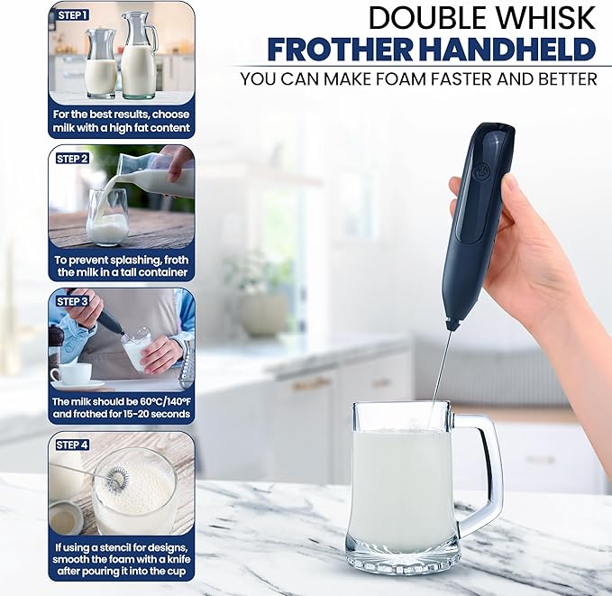 Wireless Rechargeable Milk Frother Handheld with Stand for Latte Art/Double Small Whisk Milk Frother Wand Coffee Frother Handheld/Electric Whisk Frother for Coffee/Batidora Para Cafe