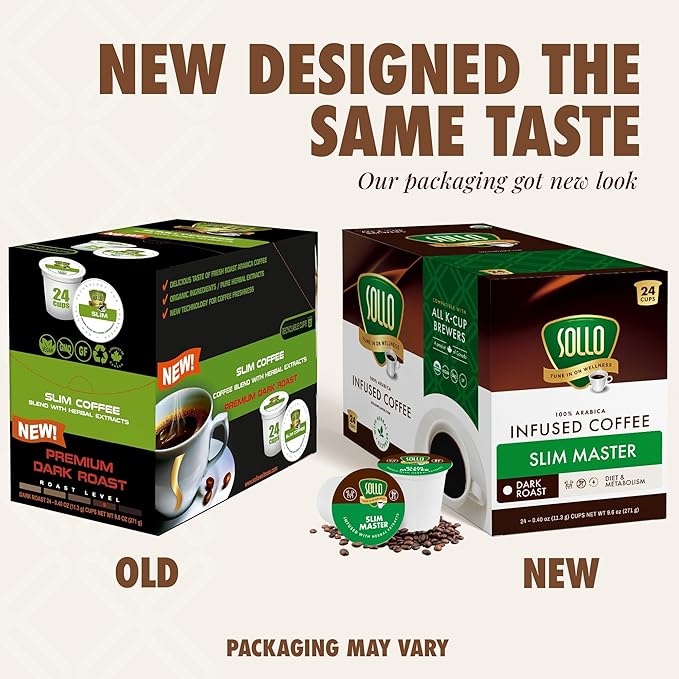 Sollo Slim Organic Coffee Pods, Diet Support, Weight Loss with Garcinia, Green Coffee Bean, Bold Dark Roast, Single Serve Pod, Compatible with Keurig K-Cup Brewers, 24 Ct