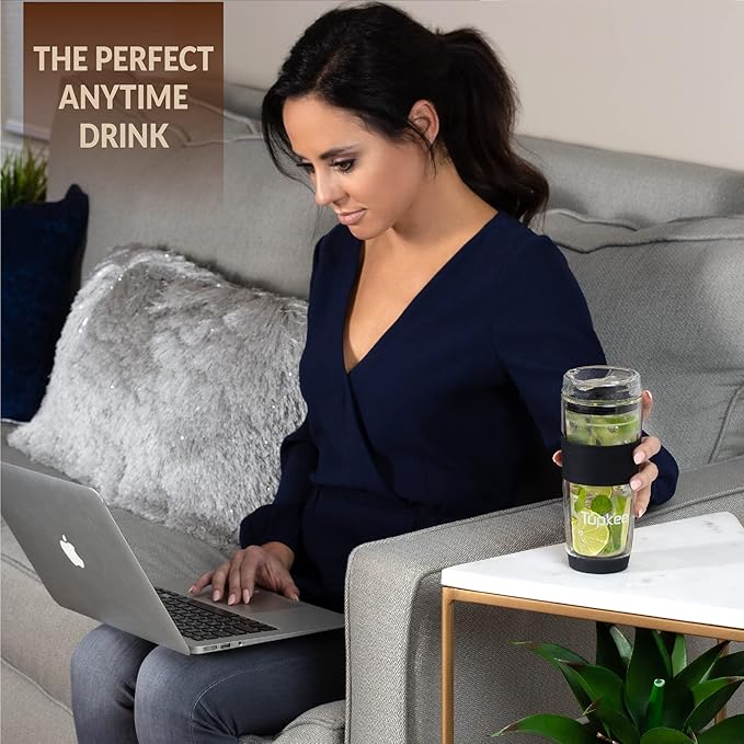 Tupkee Double Wall All Glass Tumbler - 14-Ounce, Reusable Insulated Tea/Coffee Mug & Lid, Hand Blown Glass Travel Mug - Black - 2 Pack