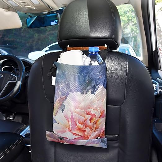 ALAZA Hanging Car Trash Bags Garbage Bag Trash Can for Back Seat Small Peony Pink Washable Storage Bag Retractable 2 Pack