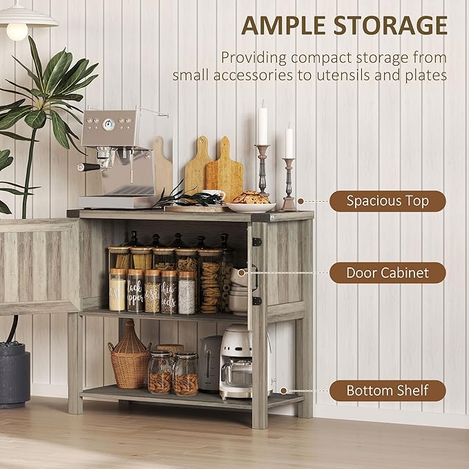 HOMCOM Farmhouse Double Door Coffee Bar Cabinet, Console Table, Sideboard Buffet Cabinet with Bottom Shelf for Entryway, Living Room, Washed-Out Gray