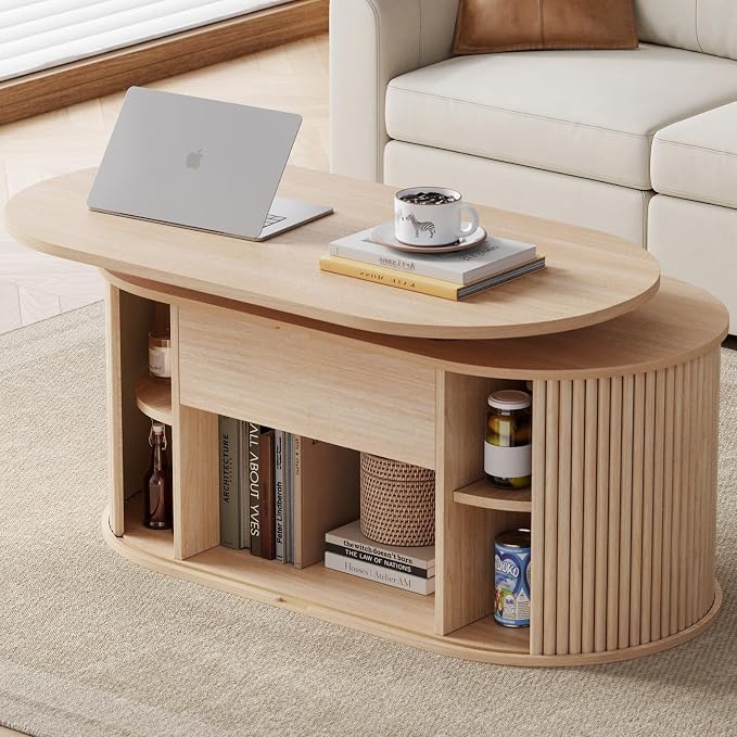 LINSY Lift Top Coffee Table, Oval Fluted Coffee Table with Storage, Boho Wooden Coffee Tables with Sliding Tambour Door, 39" Center Table for Living Room, Office, Small Space, Natural Oak